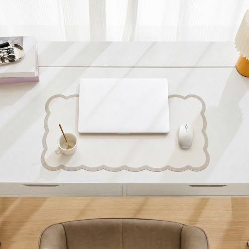 Scalloped Desk Mat, 23.6" x 11.8" Cute Small Beige Sand Aesthetic Desk Accessories, PU Leather Computer Laptop Desk Mouse Keyboard Pad, Desk Writing Mat for Vanity/Work/Home Decor