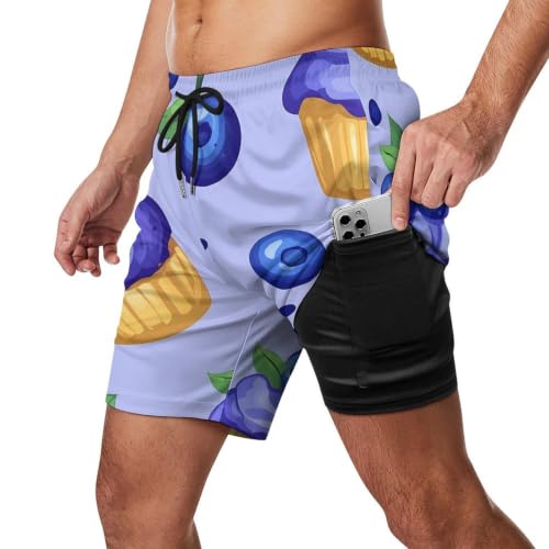 Blueberry Muffin Cupcakes Mens Swim Trunks with Compression Liner Quick Dry Pockets Swimsuits - size: X-Large