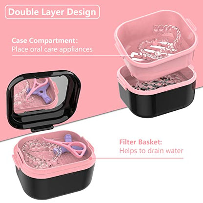 Denture Case with Mirror, Leakproof Retainer Box with Strainer Basket - color: Black Pink
