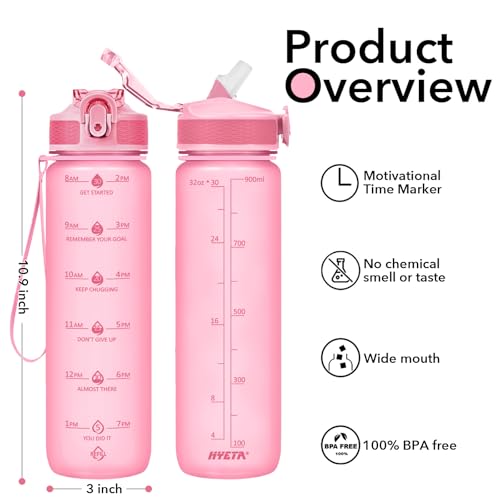 Hyeta Plastic Water Bottle With Straw & Time Marker, 32oz Leakproof Jug - color: Matte Pink