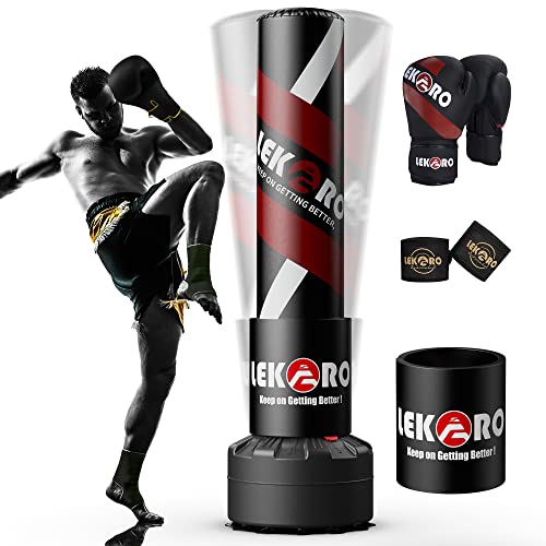 LEKÄRO Freestanding Punching Bag with Boxing Gloves, Heavy Boxing Bag with Stand for Adult Kids, Standing Kickboxing Bag - color: Black red