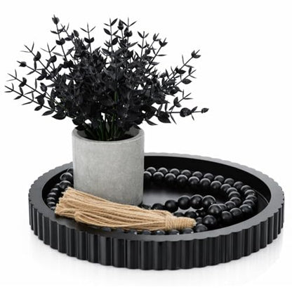 Novabright 3 Pcs Coffee Table Decoration Set Round Wooden Tray a Decorative Beaded Small Black Artificial Eucalyptus Planter for Farmhouses Home Decor