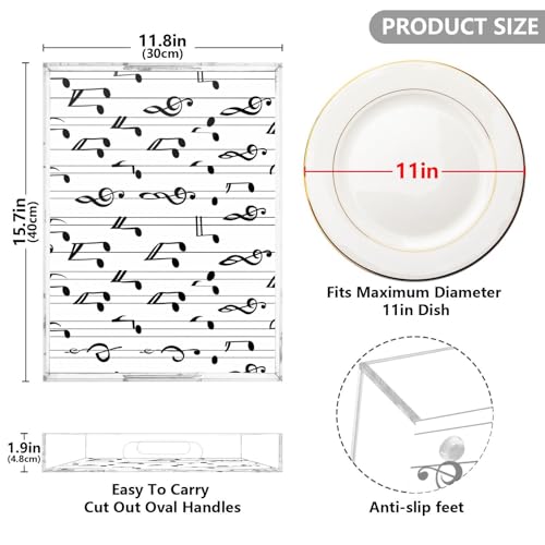 Acrylic Tray Clear Serving Vanity Ottoman Bathroom Coffee Table Countertop Organizer Raised Edge Spill Proof White Black Music Lines - color: White Black Music Lines