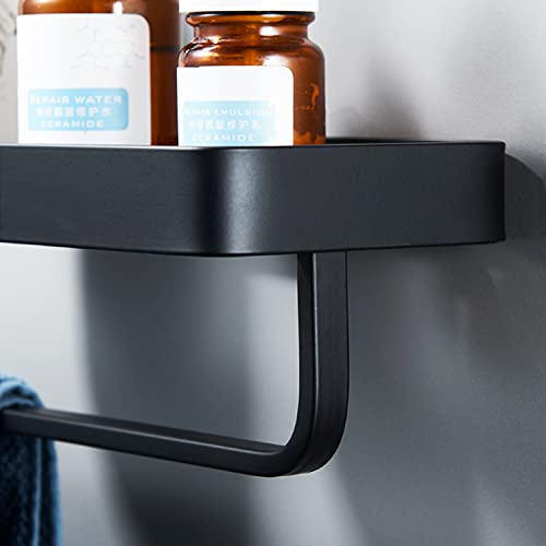 15.7" Bathroom Wall Shelf, Black Shower Caddy Shelves with Tempered Glass, Bathroom Shelves Wall Mounted with Towal Bar, Rectangle Glass Shelf for Shower Organization and Storage (1 Tier)