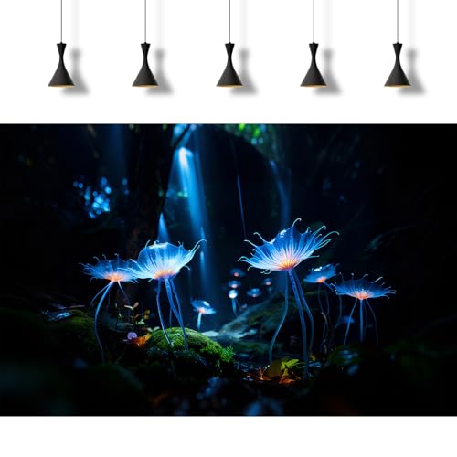 Dreamy Forest Scene Aquarium Background Mysterious Translucent Blue Petals Fish Tank Background Enchanted Moss-Covered Cave Ground Terrarium Backgrounds Light Beams Glowing Flowers Backgrounds 48x24in