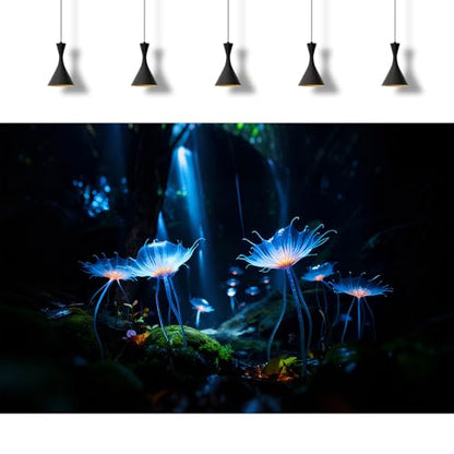 Dreamy Forest Scene Aquarium Background Mysterious Translucent Blue Petals Fish Tank Background Enchanted Moss-Covered Cave Ground Terrarium Backgrounds Light Beams Glowing Flowers Backgrounds 48x24in