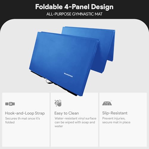 BalanceFrom 6x4 Feet 4-Panel Folding Gymnastics Mat – 2-Inch Thick Pad with Vinyl Surface and Carrying Handles for Tumbling, Yoga, Pilates, Home Workouts, and Martial Arts - color: Blue