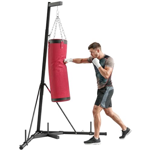 Soozier Punching Bag with Stand for Adults 72.8" 90.9" | Freestanding Boxing Stand, Canvas Sandbag, Stable Triangular Base, 1" Weight Plate Storage, Home Gym MMA, Height Adjustable