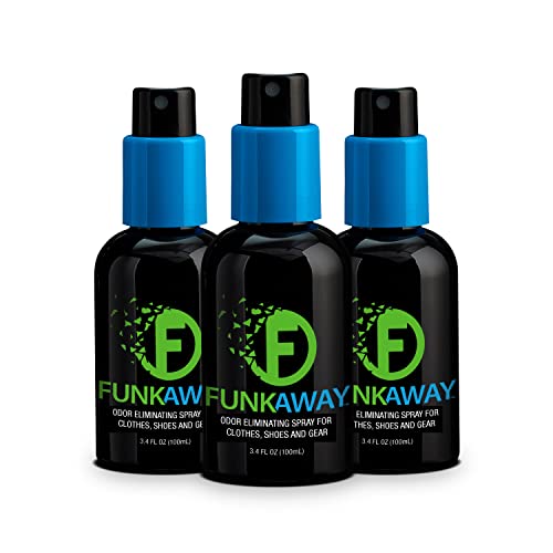 FunkAway Travel Size Shoe Deodorizer Spray (3.4 oz - 3 Pack) Odor Eliminator for Shoes, Gym Bags, Clothes and Gear, On-the-Go Odor Neutralizer that Attacks Funk at the Source - size: 3.4 Fl Oz (Pack of 3), style: Travel Size