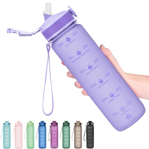 Hyeta Plastic Water Bottle With Straw & Time Marker, 32oz Leakproof Jug - color: Matte Lilac