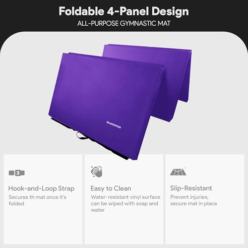 BalanceFrom 6x4 Feet 4-Panel Folding Gymnastics Mat – 2-Inch Thick Pad with Vinyl Surface and Carrying Handles for Tumbling, Yoga, Pilates, Home Workouts, and Martial Arts - color: Purple