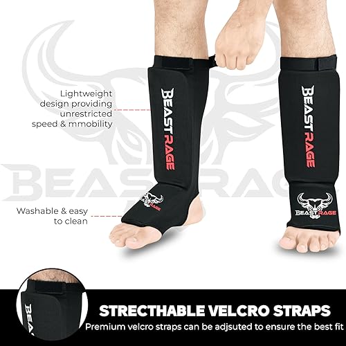 BEAST RAGE Shin Guards for Muay Thai, Kickboxing, MMA Leg Guards Martial Arts Taekwondo, Boxing, Elasticated Sock Padded Leg Instep Pads, Shin Pads,Sparring Training, Karate BJJ - color: BLACK RED, size: Medium