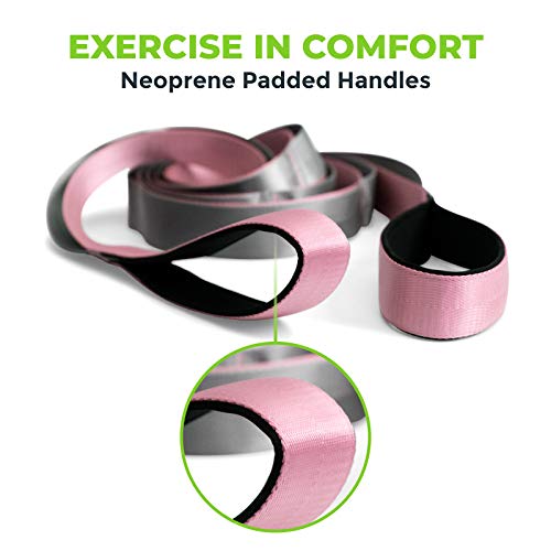 Stretching Strap for Physical Therapy, 12 Multi-Loop Stretch Strap 1.5" W x 8' L, Neoprene Handles, Physical Therapy Equipment, Yoga Straps for Stretching, Leg Stretcher. - color: Pink/Grey