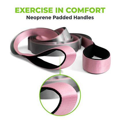Stretching Strap for Physical Therapy, 12 Multi-Loop Stretch Strap 1.5" W x 8' L, Neoprene Handles, Physical Therapy Equipment, Yoga Straps for Stretching, Leg Stretcher. - color: Pink/Grey