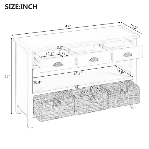Wood Accent Console Table with Drawer, 3-Tier Entryway Table with Storage Shelves and 3 Water Hyacinth Woven Baskets Sideboard Table Cabinet with Storage - Antique White