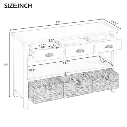 Wood Accent Console Table with Drawer, 3-Tier Entryway Table with Storage Shelves and 3 Water Hyacinth Woven Baskets Sideboard Table Cabinet with Storage - Antique White