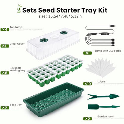 2 Packs Seed Starter Tray with Grow Lights, 72 Cells Silicone Seed Starter Kits with Humidity Dome, 3 Lights for Seed Starting, 4 Timing Set, 8 Full Spectrum Germination Kit for Plant Seeds