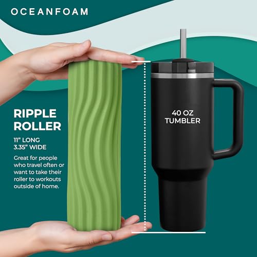 Oceanfoam Ripple Travel Foam Roller (11" x 3.35") Firm Mini Foam Roller for Physical Therapy, Deep Tissue Massage, Back Pain - High Density, Ergonomic Wave Textured - Yoga, Exercise (Algae Green) - color: Algae Green