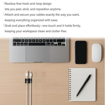 Under Desk Cable Management Ties, 15 Pack | Adjustable Hook and Loop Cord Organizer, Low Profile Wire Hider System