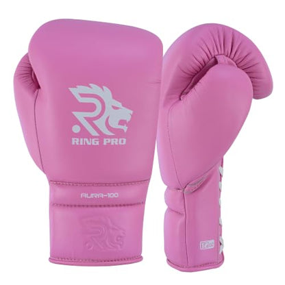Aura 100 Full Grain Leather Lace Up Boxing Gloves for Men & Women – Professional Training, Sparring, Competition, Muay Thai, Kickboxing & Heavy Bag Gloves - color: Pink, size: 12 OZ