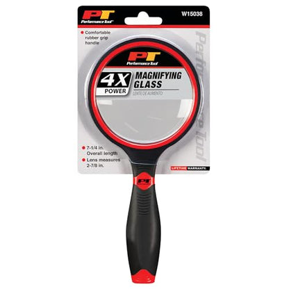 Performance Tool W15038 4X Magnifying Glass with Comfort Grip Handle for Precise Inspection and Detail Work