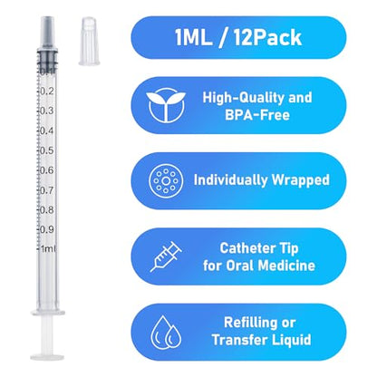 12pack 1ml Syringes Without Needle Plastic for Liquid, Measuring, Ink Refilling, Oil, Liquids Glue Applicator, With Cap