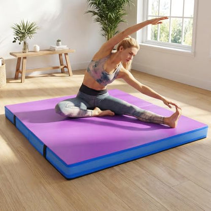 GYMAX 4' x 4' Folding Gymnastics Mat, 4" Thick Bi-Fold Exercise Tumbling Mat w/Carrying Handles, PU Leather Cover, Home Gym Mat for Aerobics Workout, Yoga, Stretching - color: Purple+Blue