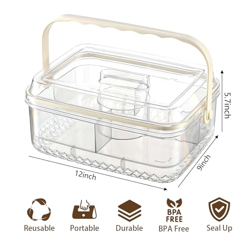 Fruit Ice Divided Serving Tray with Lid, Ice Underneath and Handle, Chilled Serving Platter for Parties, Shrimp Cocktail Serving Dish, Chilled Veggie Tray for Keep Food Cold Outside Party
