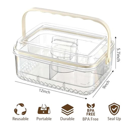 Fruit Ice Divided Serving Tray with Lid, Ice Underneath and Handle, Chilled Serving Platter for Parties, Shrimp Cocktail Serving Dish, Chilled Veggie Tray for Keep Food Cold Outside Party