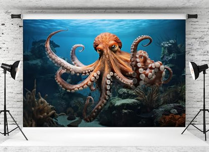 20x10ft Octopus Backdrop Underwater Coral Reef Blue Ocean Background for Marine Themed Party Birthday Aquarium Event Halloween Decor Photo Studio Booth Props Banner Wallpapers - size: 20x10FT