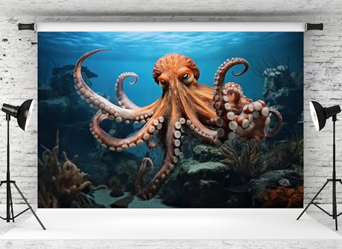 12x10ft Octopus Backdrop Underwater Coral Reef Blue Ocean Background for Marine Themed Party Birthday Aquarium Event Halloween Decor Photo Studio Booth Props Banner Wallpapers - size: 12x10FT