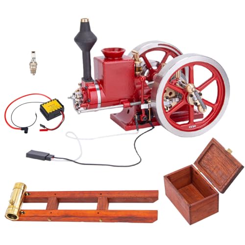 Retrol HM-01 DIY Hit and Miss Engine Model Complete Kit, 4-Stroke Horizontal Internal Combustion Engine Build Set with Base, Fuel Tank, CDI Igniter and Spark Plug, Red - color: Kit Set/Red