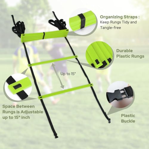 GHB Pro Agility Ladder Agility Training Ladder Speed 12 Rung 20ft with Carrying Bag - color: Green-2 Pack