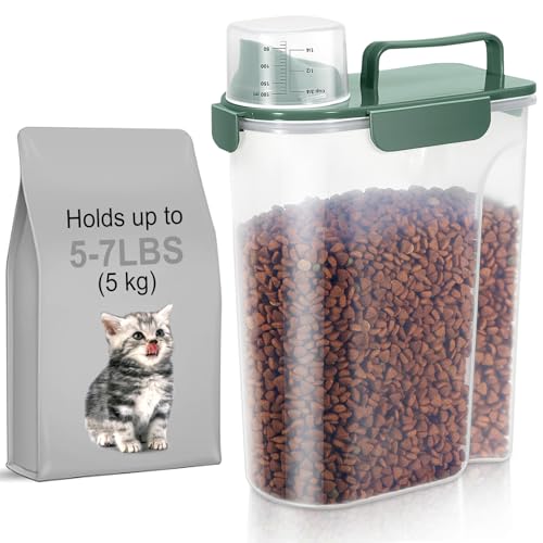 5-7Lbs Cat Dog Storage Container, Portable Pet Food Containers with Upgraded Large Spout and Cup, Small Animal Kibble Dispenser for Bird Seed, Oatmeal, Rice, Flour, Brown Sugart-Dark Green - color: Dark Green, size: 5L-1pack