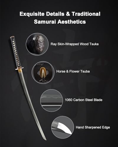 Katana Samurai Sword for Display, Hand Forged Full Tang 1045 Carbon Steel - style: Flower Horse