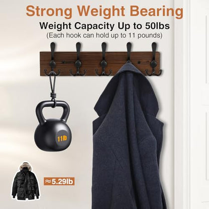 Wooden Coat Rack Wall Mount Heavy Duty, 2 Pack Coat Hanger Wall Mount with 5 Triple Hooks for Clothes, Jacket, Hat, Keys, Space Saving Entryway Organizer for Mudroom (‎Brown Plate & Black Hooks) - color: ‎Brown Plate & Black Hooks