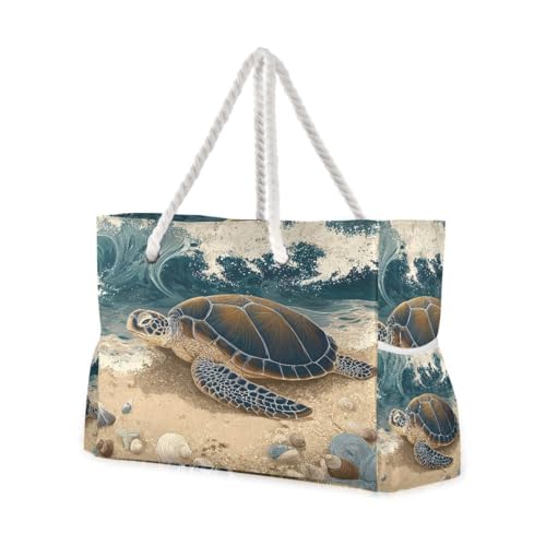 senya Large Beach Bags Totes Canvas Tote Shoulder Bag Soft Wave Water Resistant Bags for Gym Travel Daily Ocean - color: Sea Turtle on Beach