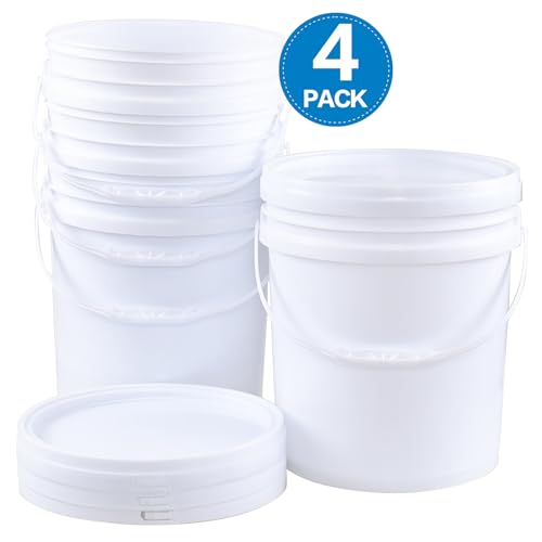 7 Gallon Bucket, Heavy Duty Plastic Bucket with Comfortable Handle, White Bucket & Lid, Pack of 4
