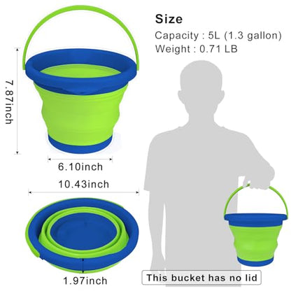 5L Collapsible Mop Bucket for Cleaning, Foldable Buckets with Handles for Beach Sand Garden Car Washing Fishing, Silicone Cleaning Buckets for Household Use Bathroom Cleaning Supplies Blue/Green