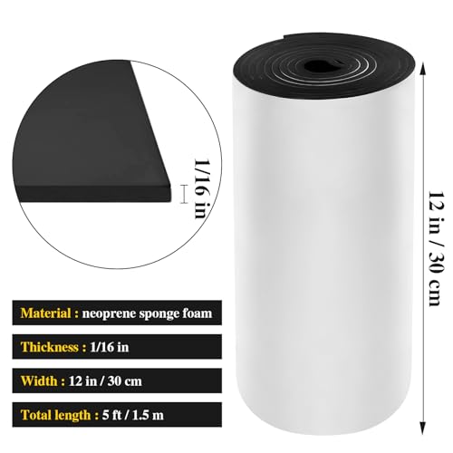 Adhesive Foam Padding Roll Closed Cell Sponge Neoprene Insulation Board Foam Sheet Pad with Sticky Back for Anti Vibration, Anti-Slip, DIY Crafts, Gaskets, Cosplay, Costume (12x59x1/16 inch)