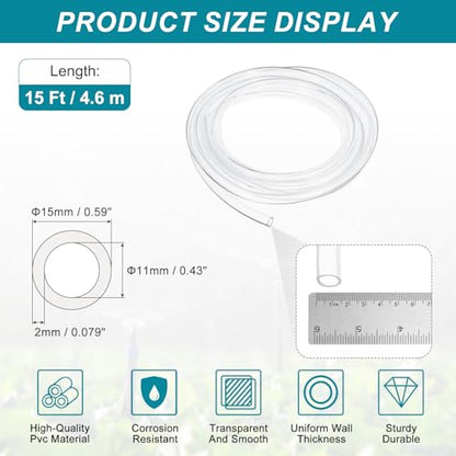 uxcell Clear PVC Tubing, 11mm ID x 15mm OD - 15ft PVC Tube Lightweight Vinyl Hose, Transparent Flexible Plastic Water Tubing for Air Oil Water Transfer Aquarium Irrigation - size: 11mm ID x 15mm OD