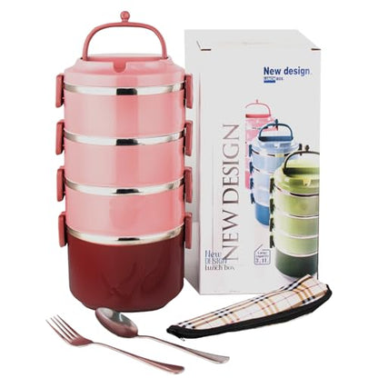 4 Tier Stackable Stainless Steel Lunch Box Sealed(pink, 4 layers) with spoon and fork - color: Pink, size: 4 layers
