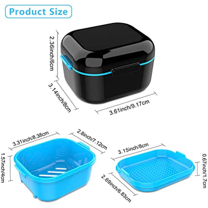 Denture Case with Mirror, Leakproof Retainer Box with Strainer Basket - color: Black Blue