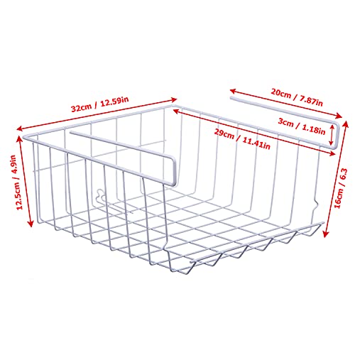 Under Shelf Storage Basket, 2-Pack Under Shelf Hanging Metal Wire Storage Basket Organizer for Kitchen, Office, Pantry, Bathroom, Cabinet, White