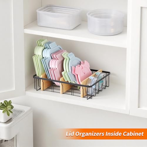 2-Pack Adjustable Lid Organizers - Large Kitchen Cabinet Organizer for Food Storage Container and Tumbler Cup Lids with 6 Bamboo Dividers -Organizers in Kitchen/Pantry/Laundry Room(Size:M+L)