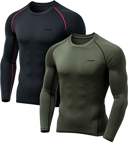 TSLA Men's Thermal Long Sleeve Compression Shirts, Athletic Base Layer Top, Winter Gear Running T-Shirt - color: 2pack Black & Red/Olive, size: Small