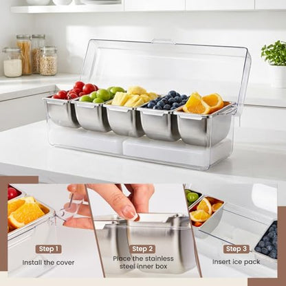 Chilled Condiment Caddy with 5 Removable Stainless Steel Compartments, Includes Portable Insulated Tote Bag and 2 Ice Packs, Serving Tray for Picnic, Outdoor, Party and Travel