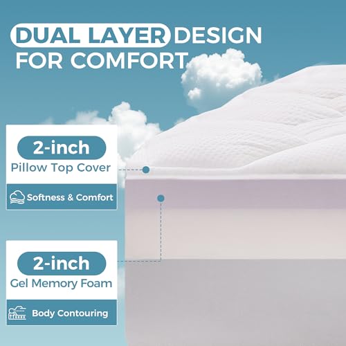 4 Inch Dual Layer Mattress Topper Full Size, 2 Inch Cooling Gel Memory Foam and 2 Inch Soft Pillow Top Pad Cover, Mattress Pad for Back Pain Relief