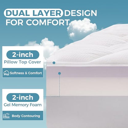 4 Inch Dual Layer Mattress Topper Full Size, 2 Inch Cooling Gel Memory Foam and 2 Inch Soft Pillow Top Pad Cover, Mattress Pad for Back Pain Relief