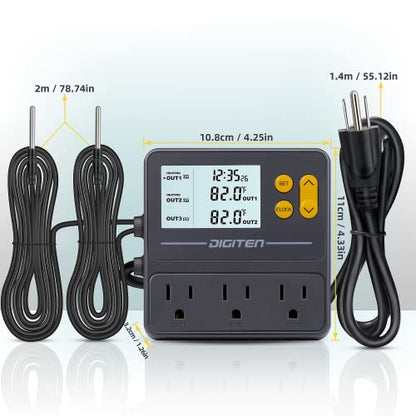 Reptile Temperature Controller, 3 Outlet Timer Thermostat for Grow Tent, Incubation, Snakes, Fish Tank, Heater, humidifiers, Ball Pythons, Bearded Dragon Tank